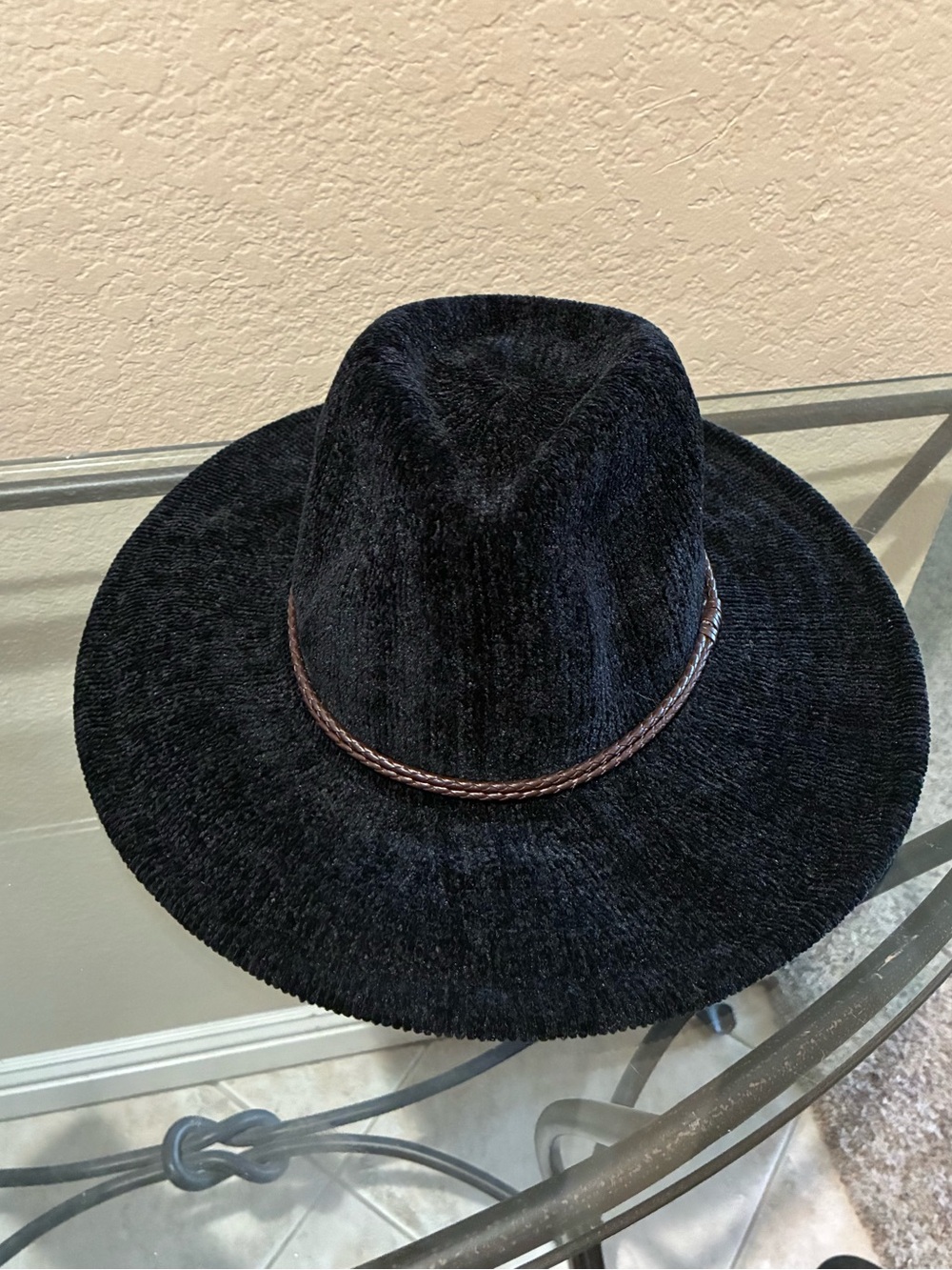 Scala Black chenille feel Wide-Brim Fedora Hat with Braided Band